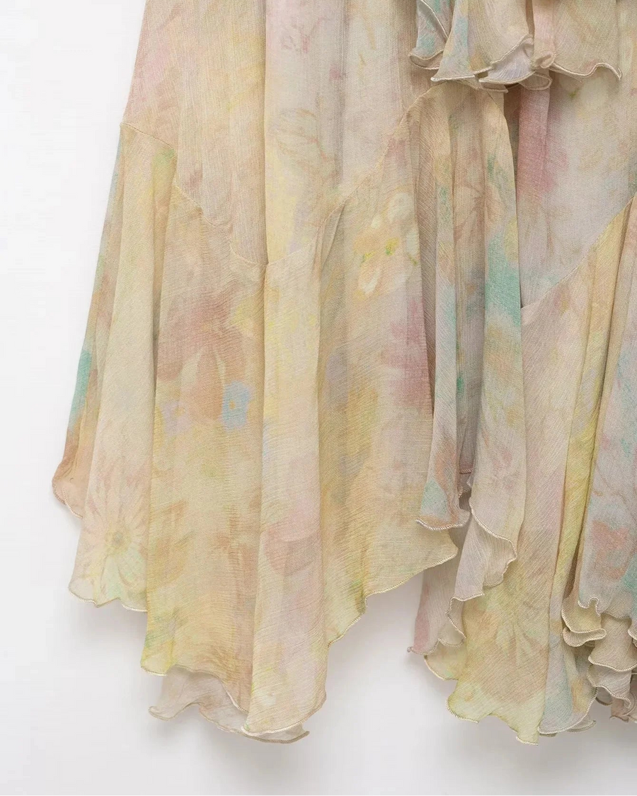 Floral Chiffon Ruffle Maxi Skirt