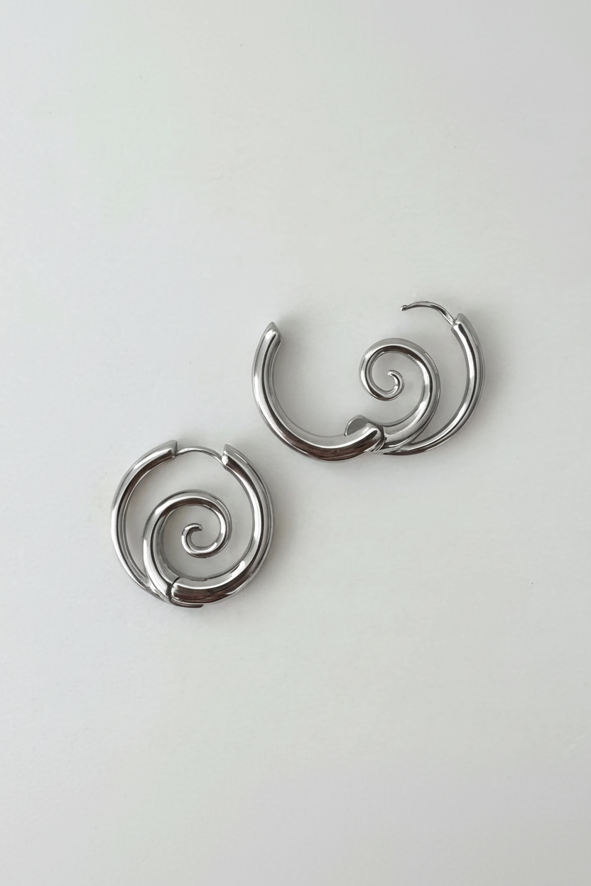 Spiral hoop earrings on model - alternate view