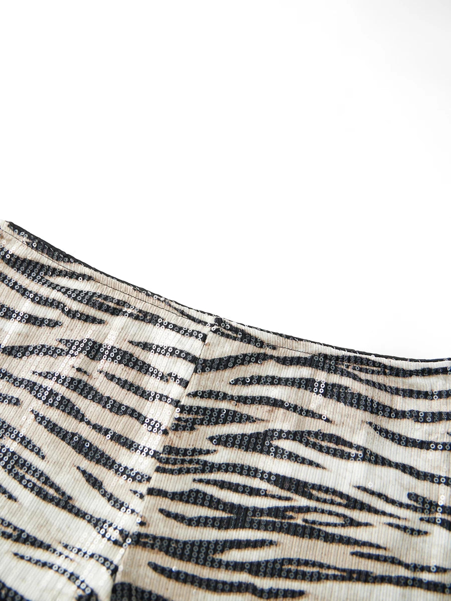 Sequin zebra print micro shorts on model - alternate view