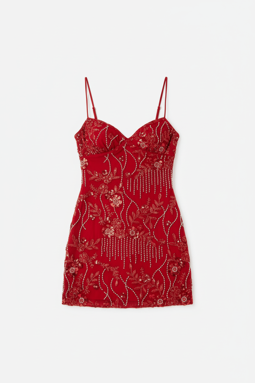 Sequin beaded cami mini dress on model - styling view