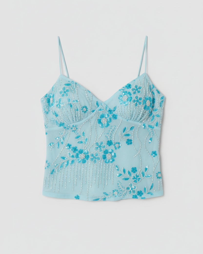 Embroidery flower sequined cami top on model - styling view