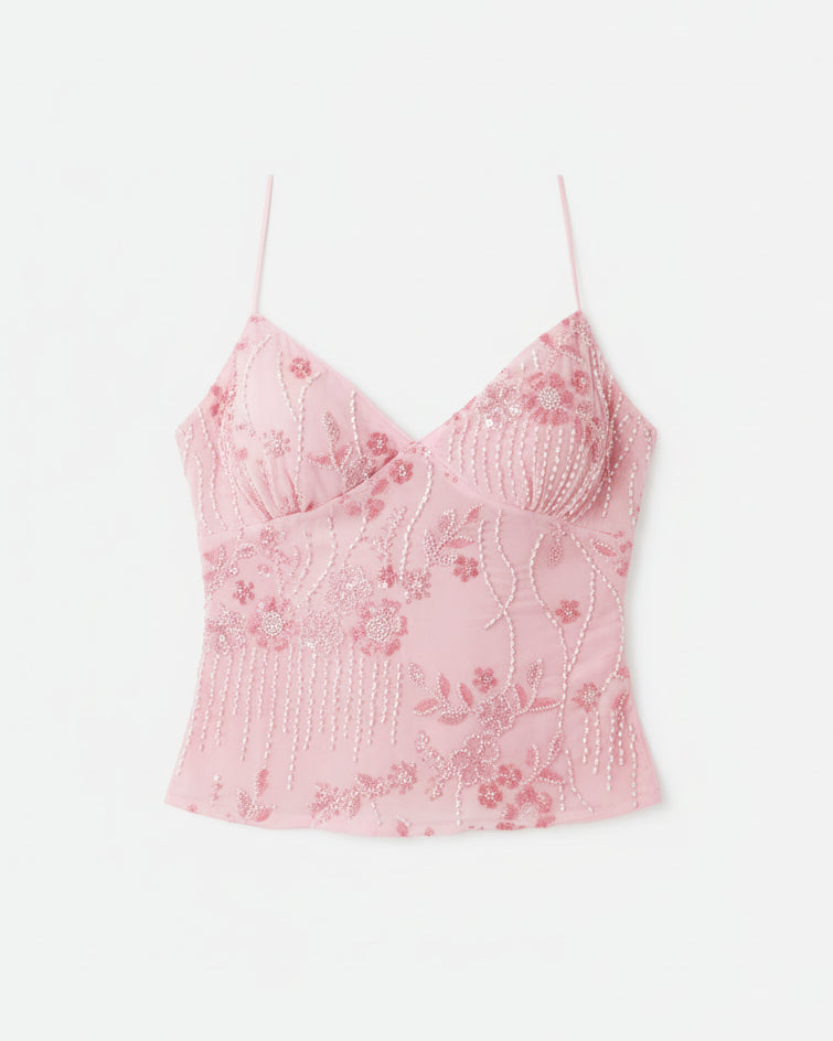 Embroidery flower sequined cami top on model - alternate view
