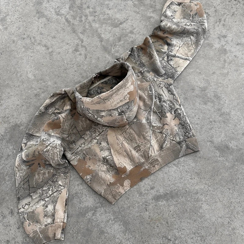 Boxy camouflage zip hoodie on model - styling view