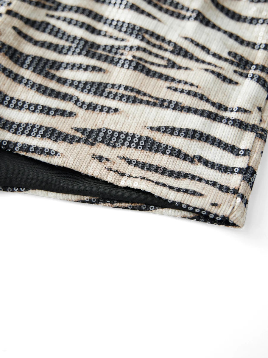 Sequin zebra print micro shorts on model - styling view