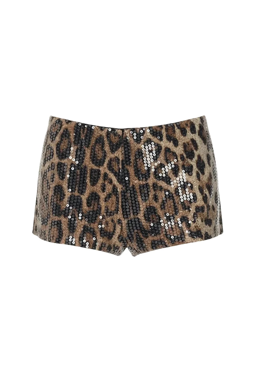 Sequin leopard print micro shorts on model - alternate view