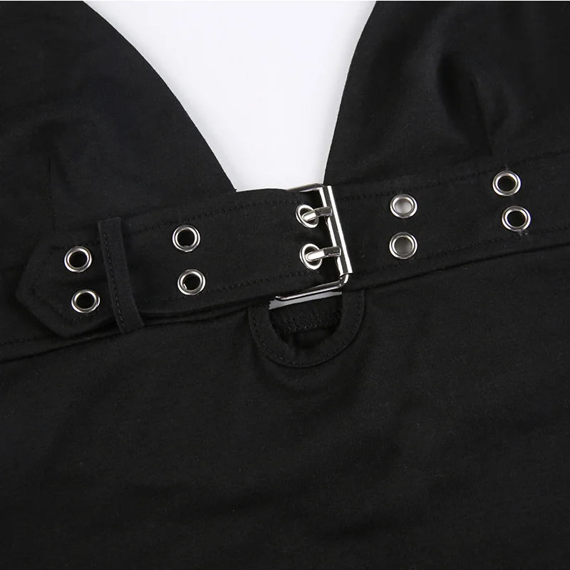Rivet buckle halter top on model - styling view