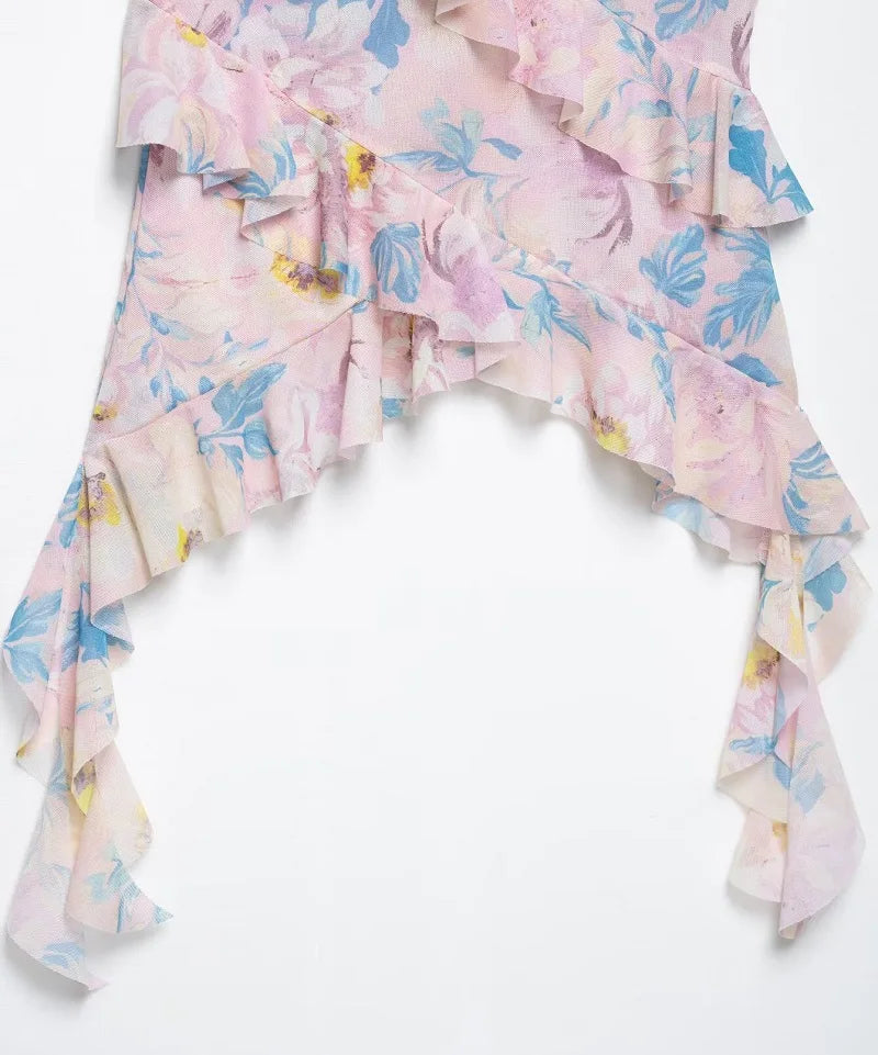 Print ruffle tulle top on model - view 15