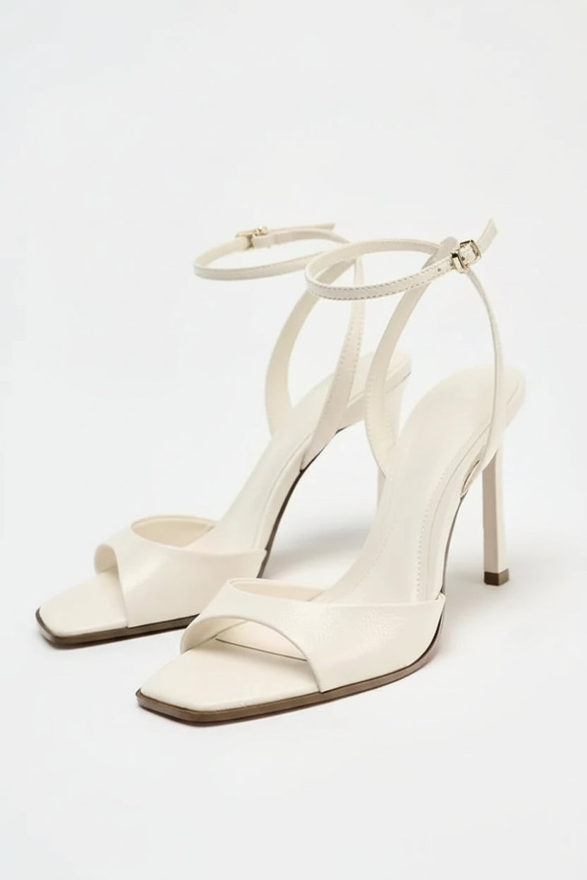 Square toe ankle strap stiletto heels on model - view 5