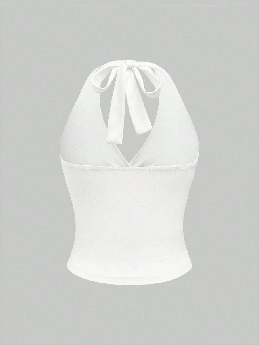 V-neck tie halter top on model - view 11