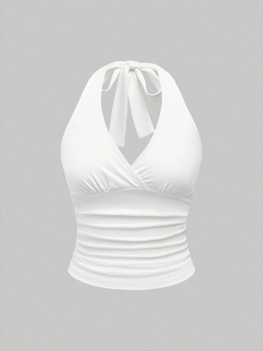 V-neck tie halter top on model - view 10