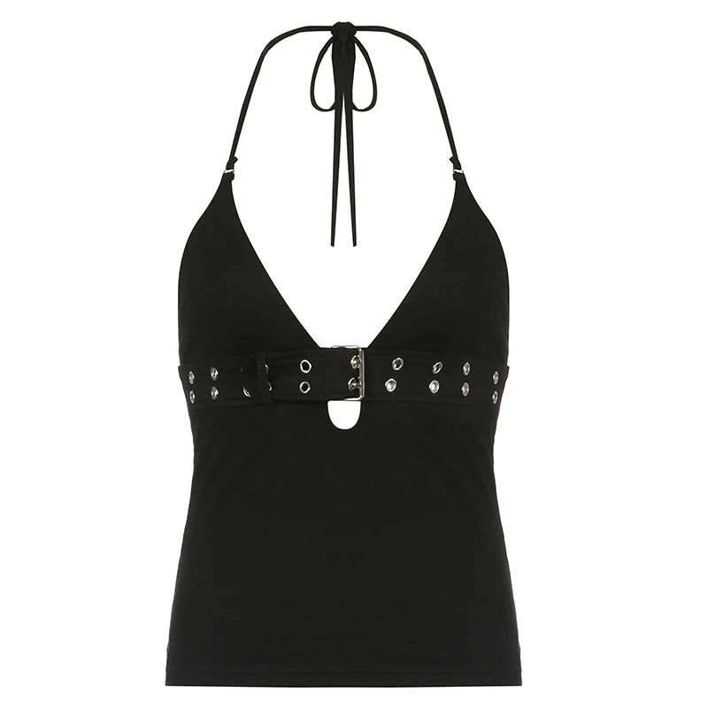 Rivet buckle halter top on model - alternate view
