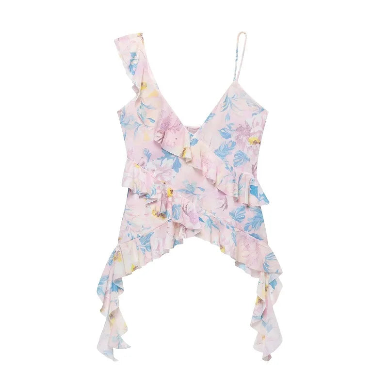 Print ruffle tulle top on model - view 11