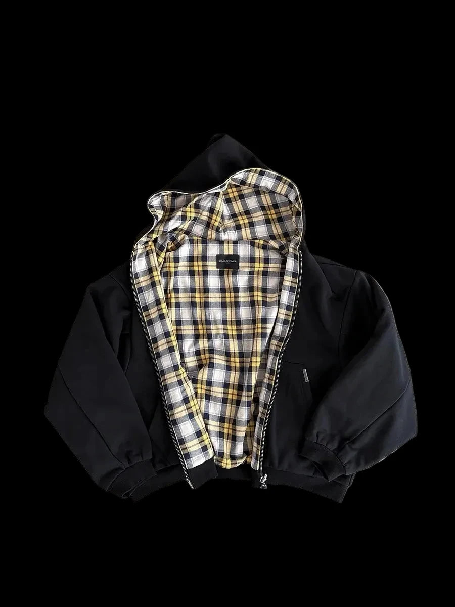 Reversible plaid zip hoodie on model - view 8