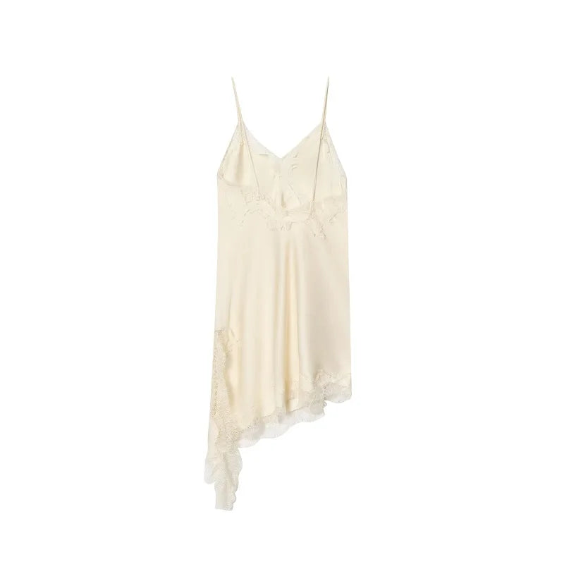 Asymmetrical lace satin slip dress on model - detail shot
