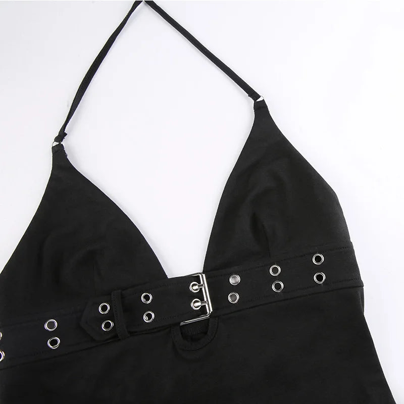 Rivet buckle halter top on model - detail shot