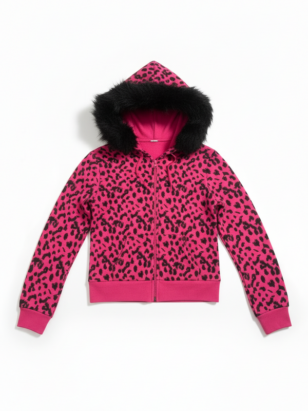 Leopard Fur Collar Zip Hoodie — alternate view