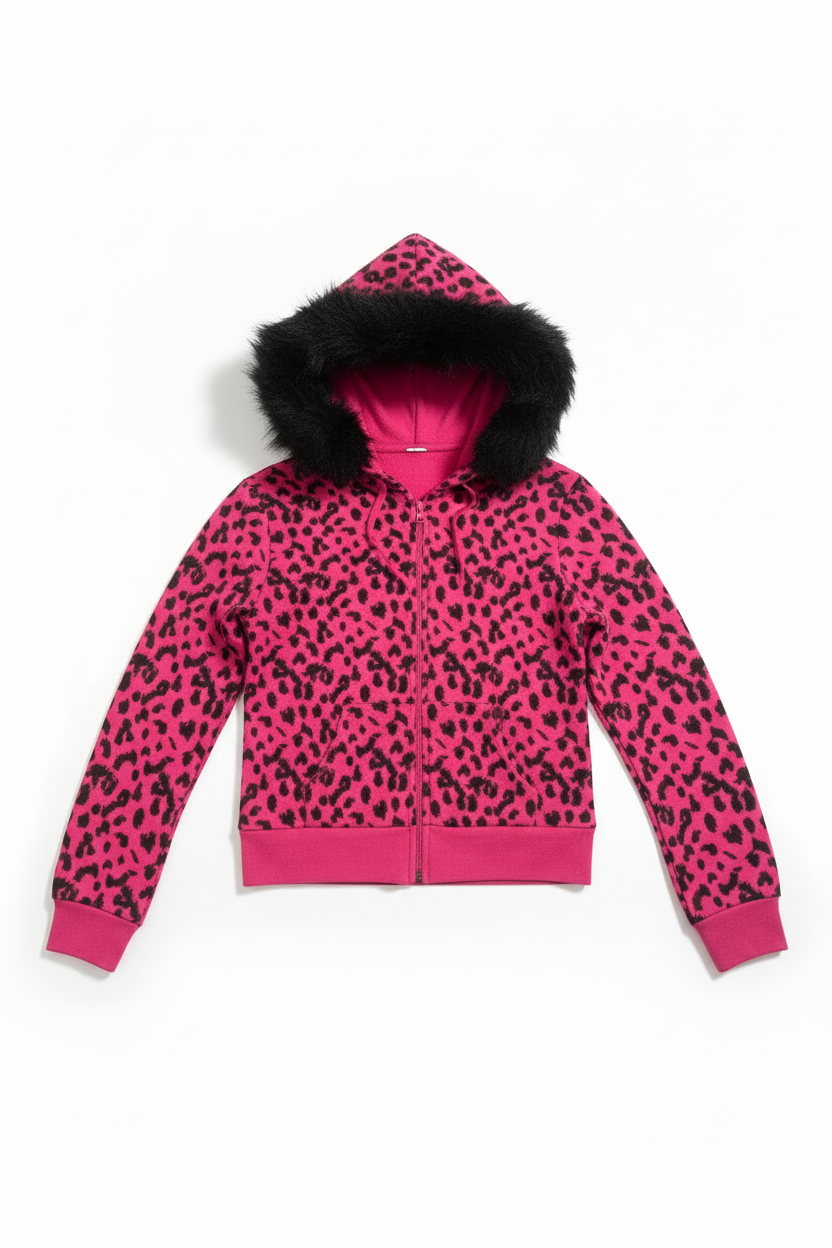Leopard fur collar zip hoodie on model - view 7