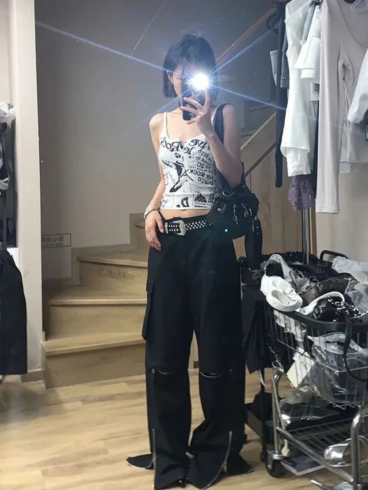 Punk graphic ribbed tank top on model - styling view
