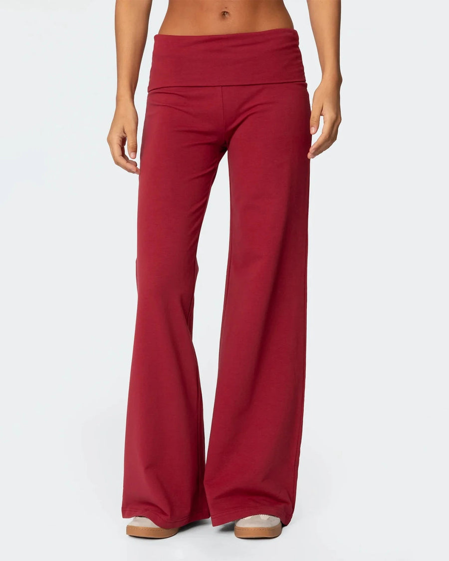 Fold over low rise wide leg pants on model - alternate view