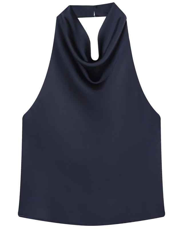 Satin backless halter top on model - view 5