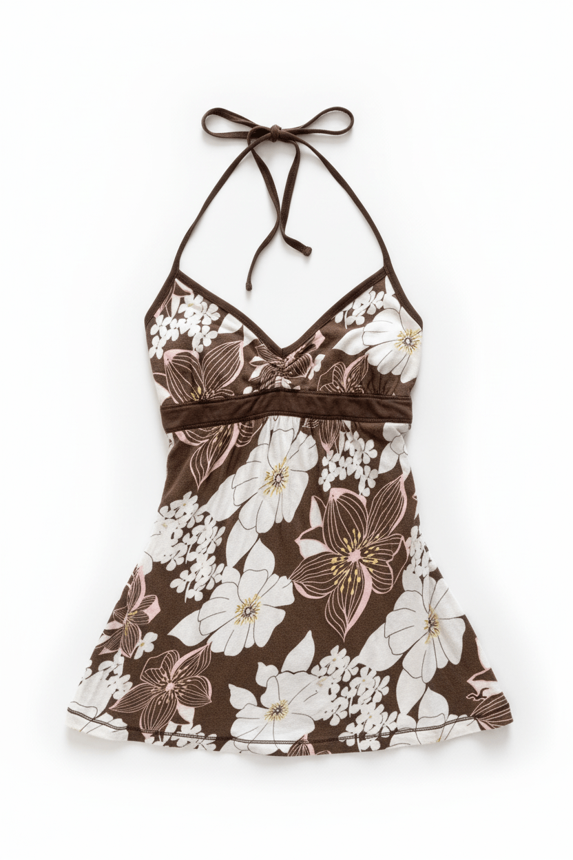 Brown tropical floral halter top on model - alternate view