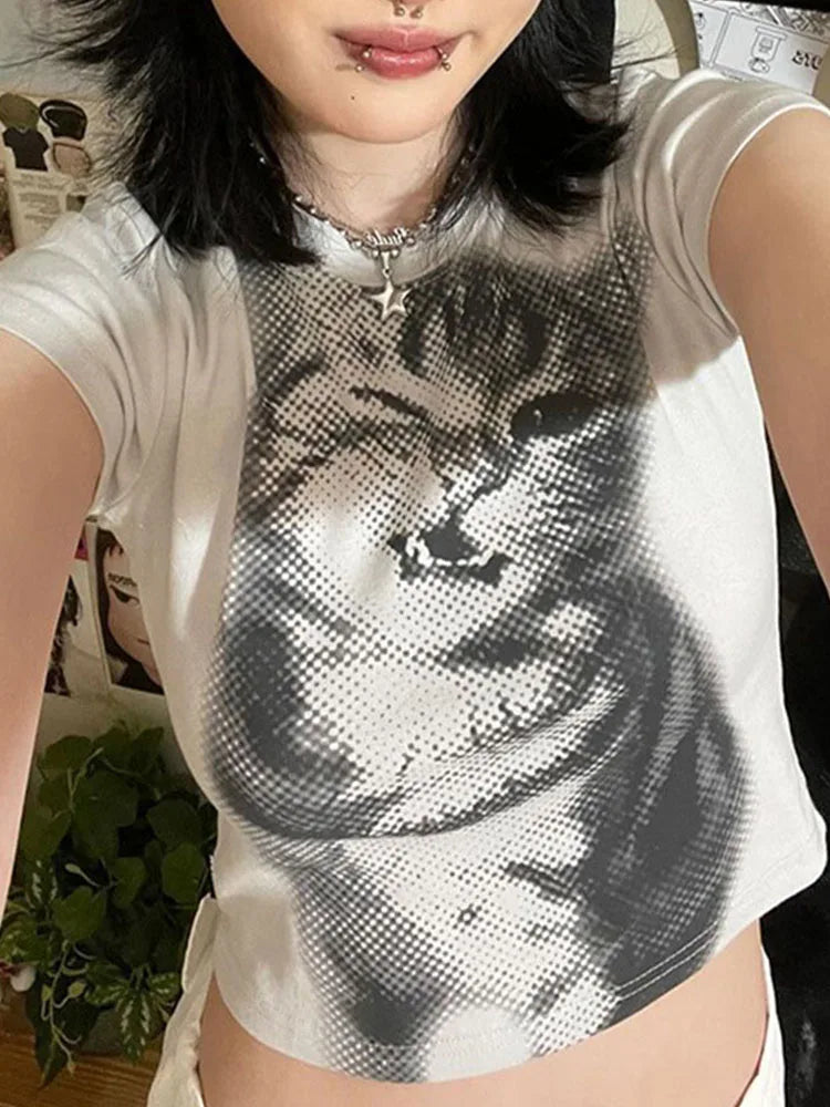 Halftone cat graphic baby tee on model - view 5