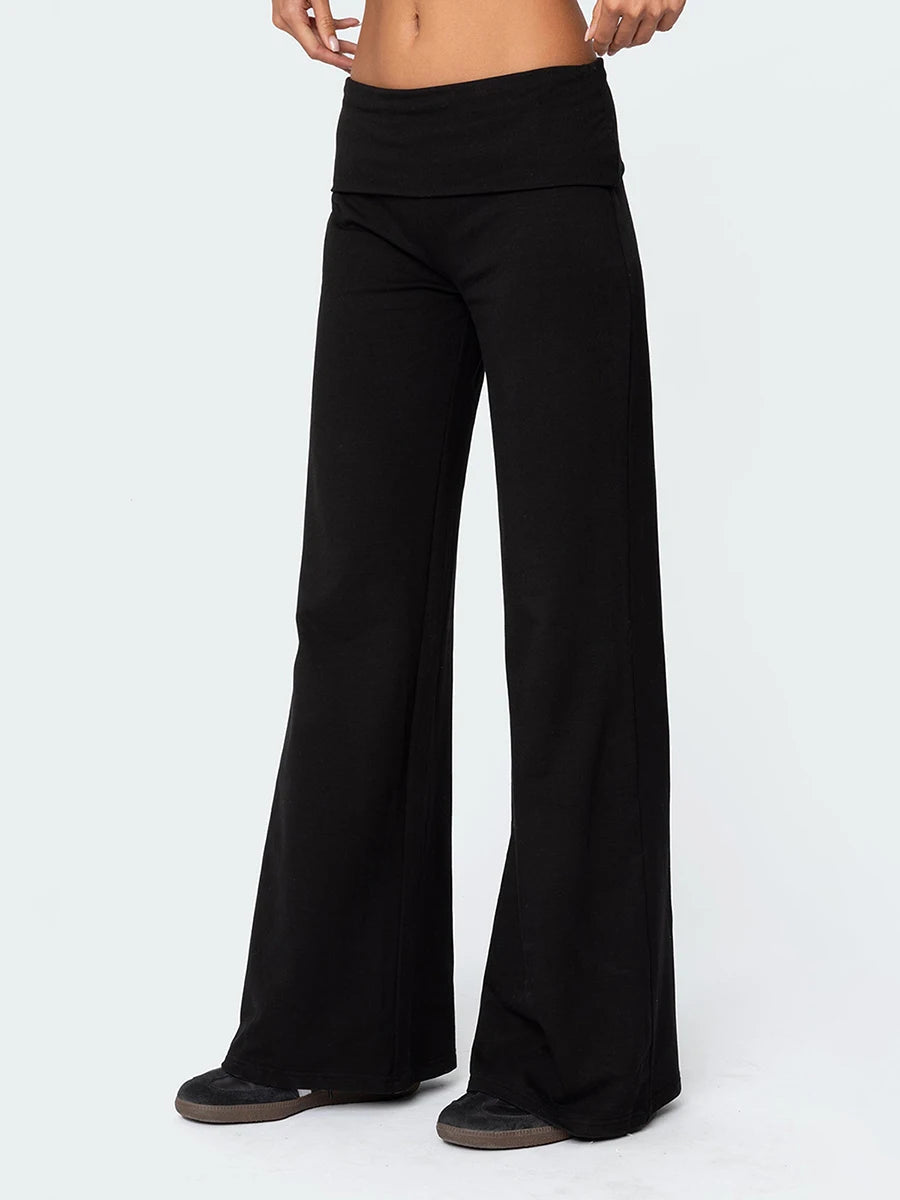 Fold over low rise wide leg pants on model