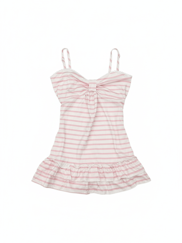 Pink striped ruffle trim cami top on model - alternate view