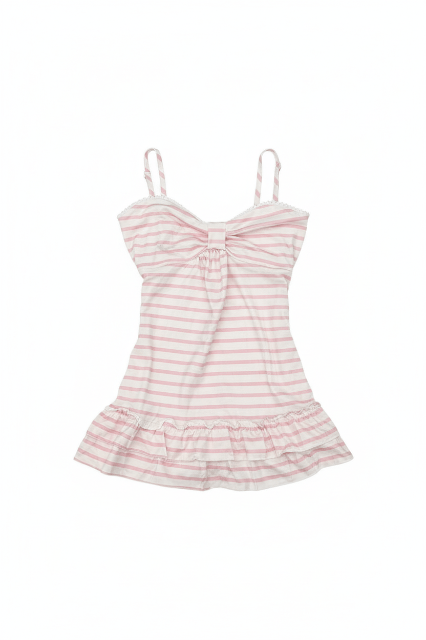 Pink striped ruffle trim cami top on model - alternate view