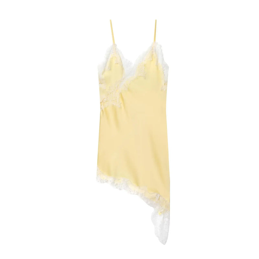 Asymmetrical lace satin slip dress on model - view 16