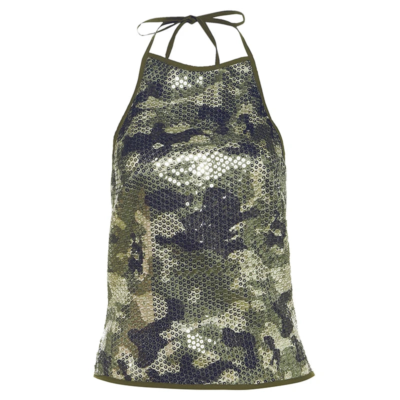 Camouflage sequin halter top on model - alternate view
