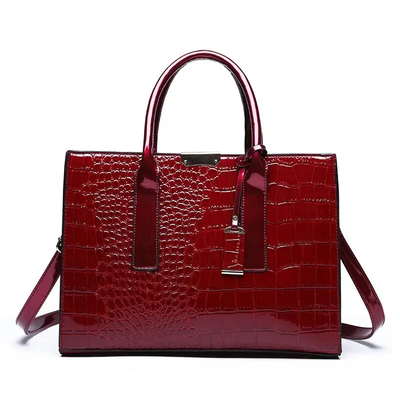 Croc texture tote handbag with gold hardware - view 13