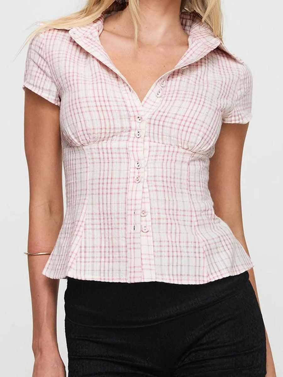 Y2K plaid button down shirt on model - view 11