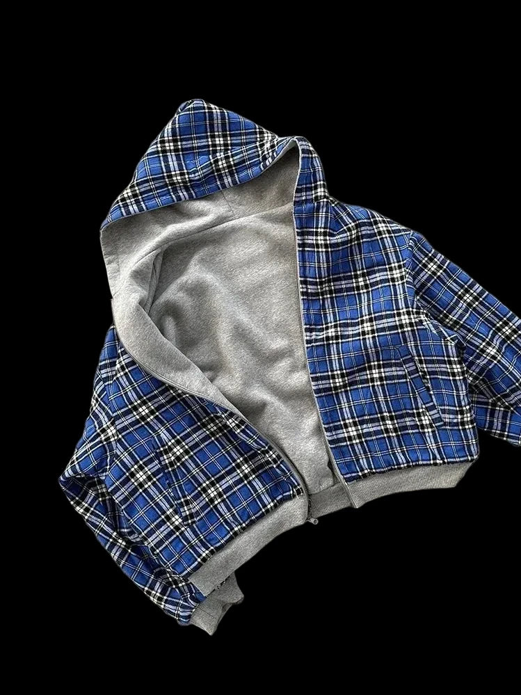 Reversible plaid zip hoodie on model - view 6