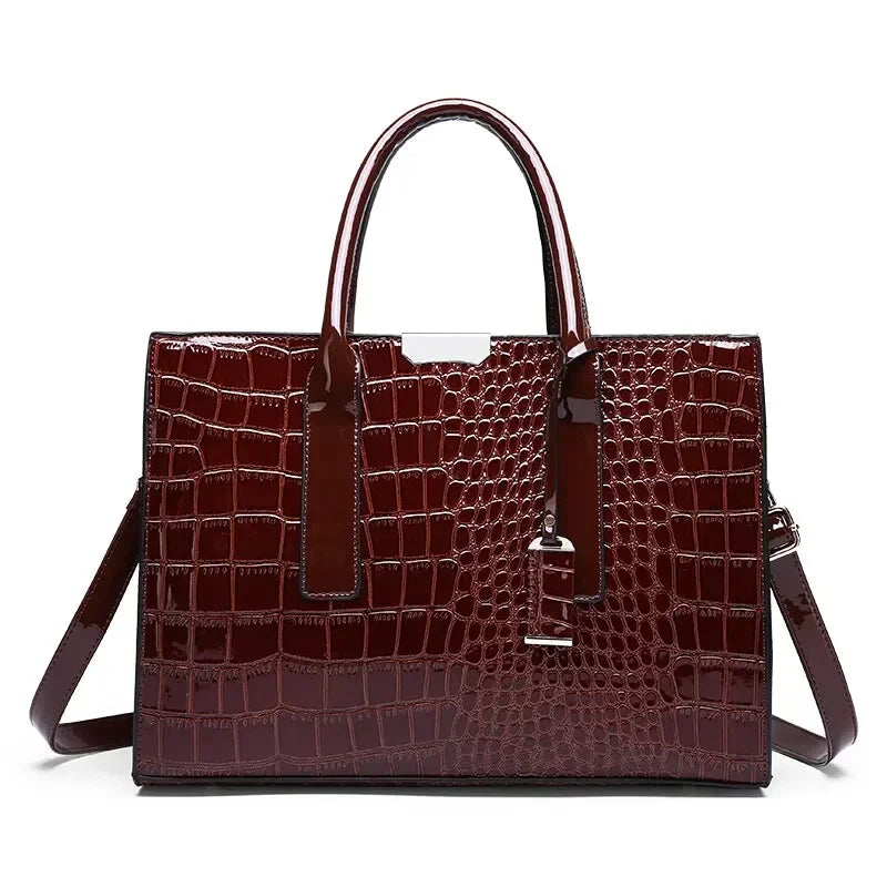 Croc texture tote handbag with gold hardware - view 14