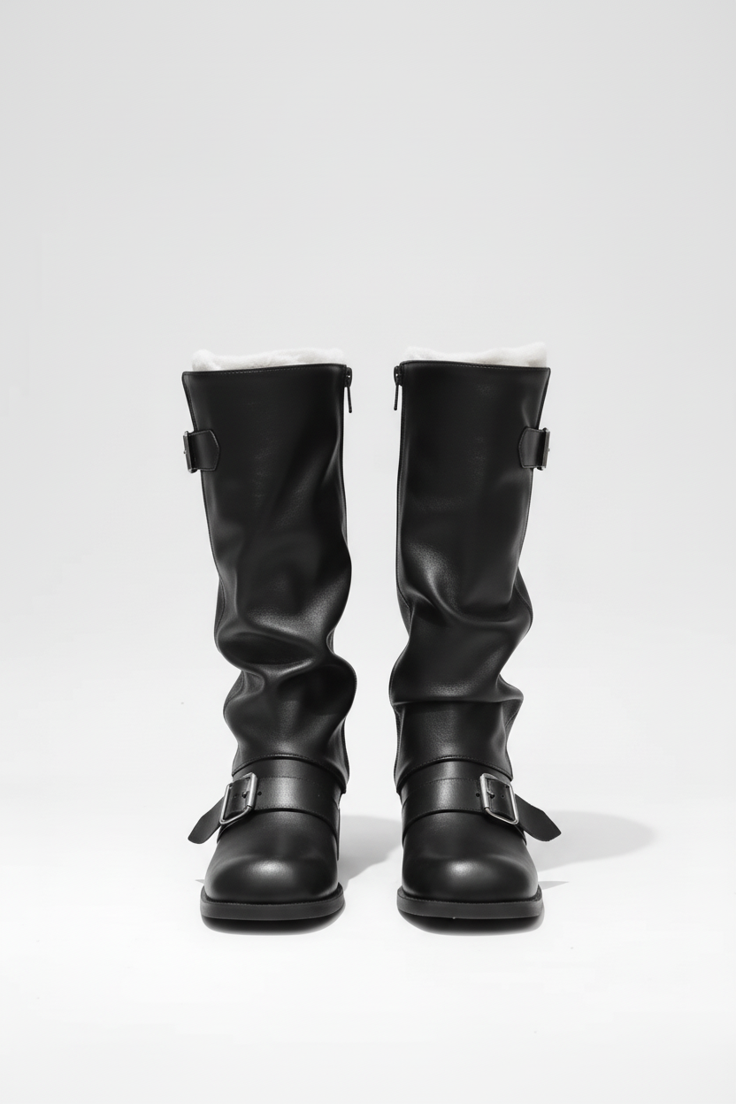 Buckled knee high motorcycle boots on model - detail shot
