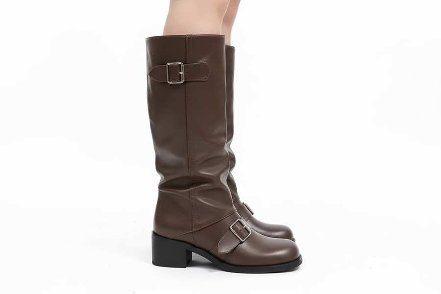 Buckled knee high motorcycle boots on model - view 5