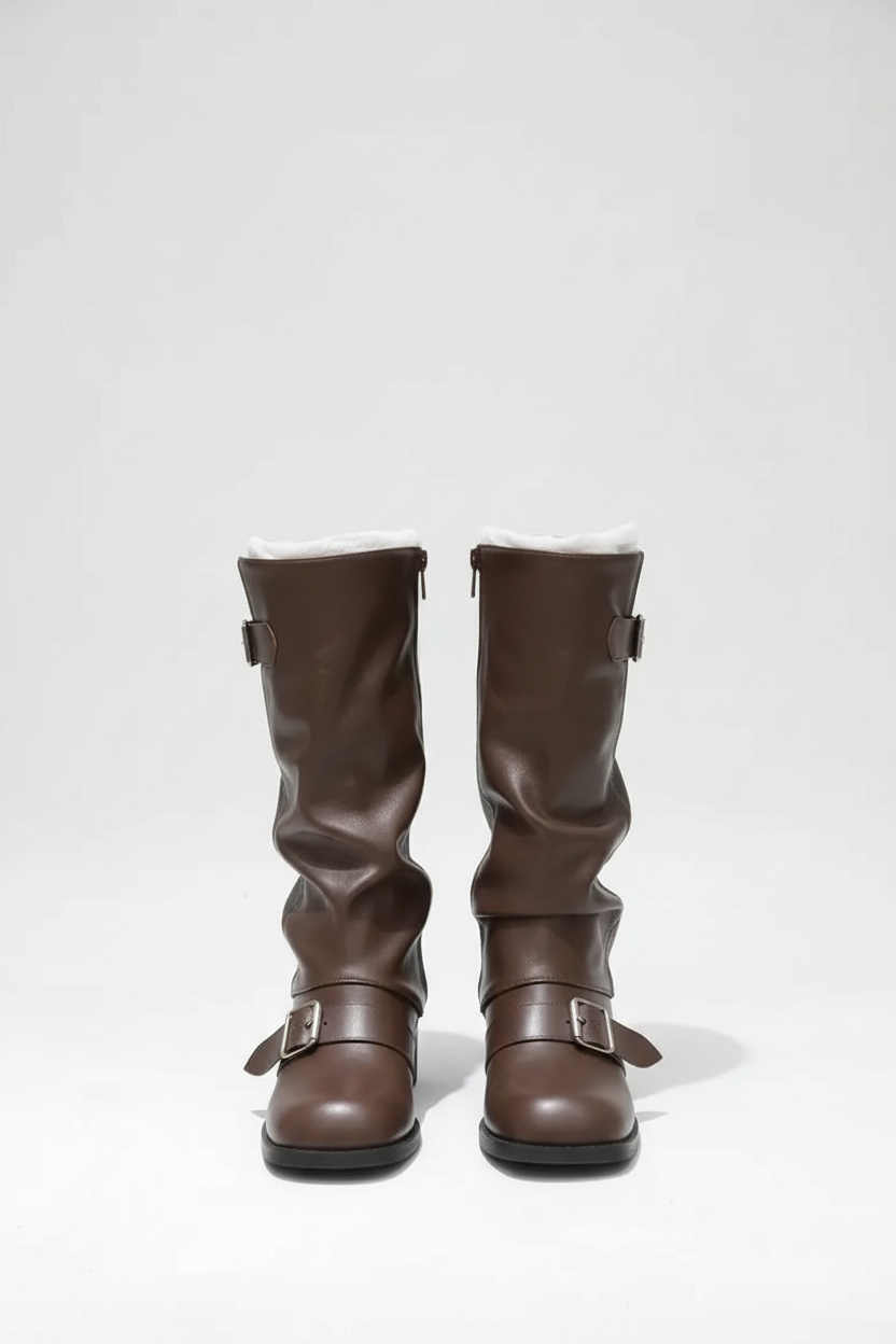 Buckled knee high motorcycle boots on model - view 6