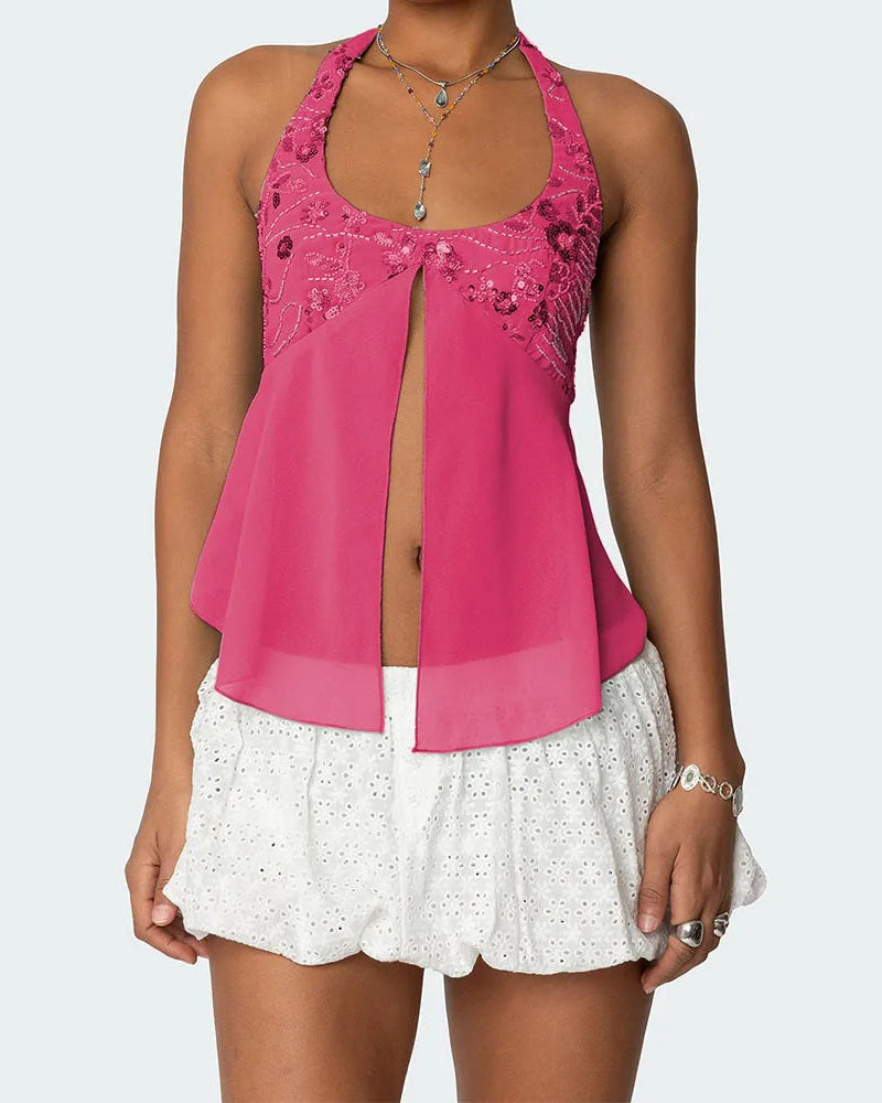 Open front sequin halter top on model - view 8