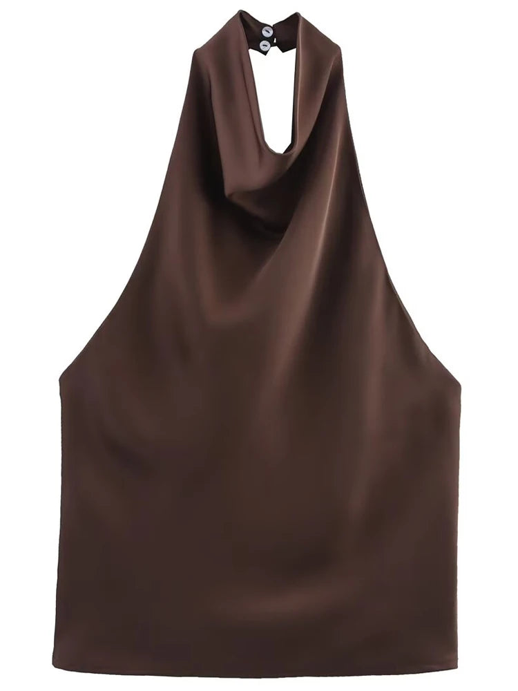Satin backless halter top on model - detail shot
