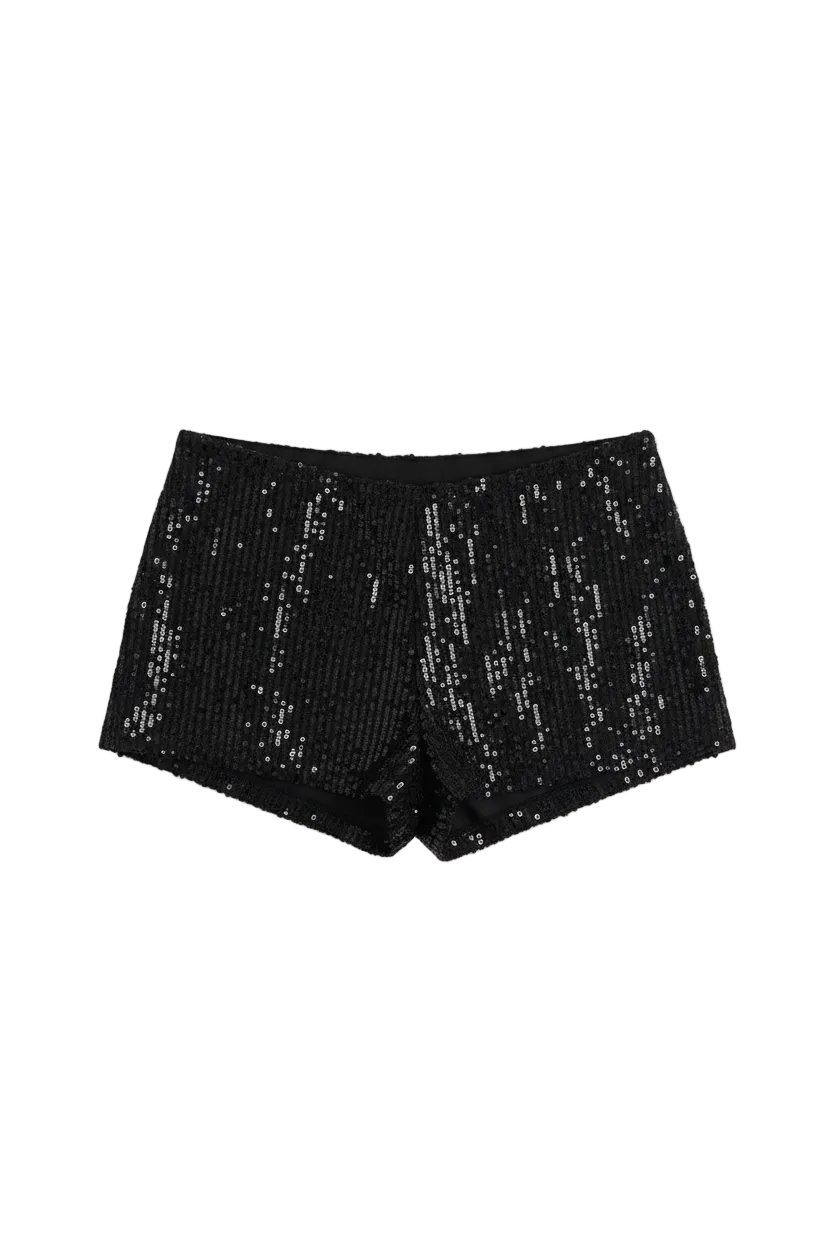 All-over sequin micro shorts on model - alternate view