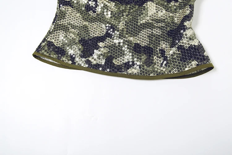 Camouflage sequin halter top on model - styling view