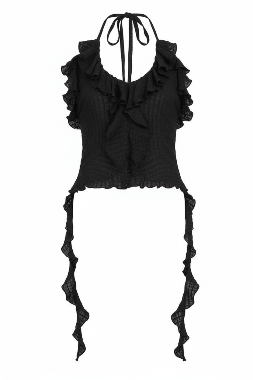 Ruffle hem halter top on model - styling view