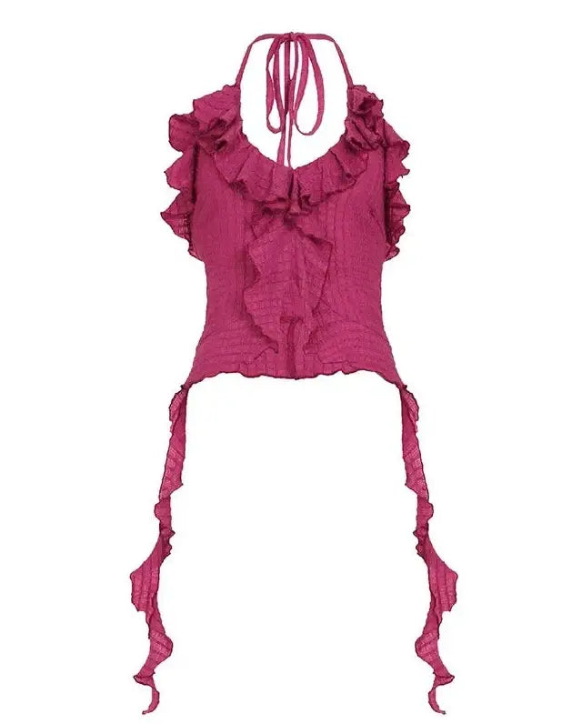 Ruffle hem halter top on model - alternate view