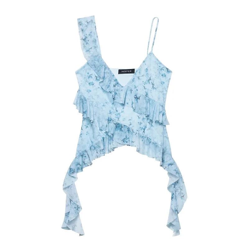 Print ruffle tulle top on model - view 8
