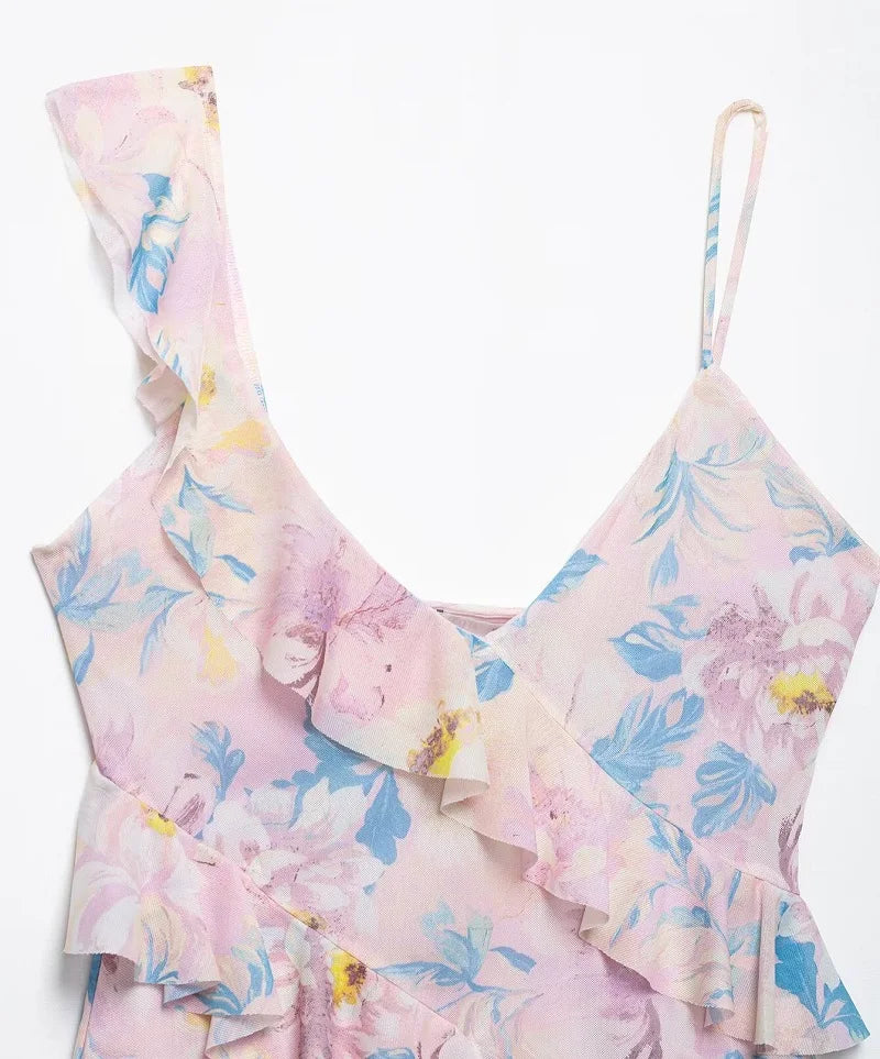 Print ruffle tulle top on model - view 13