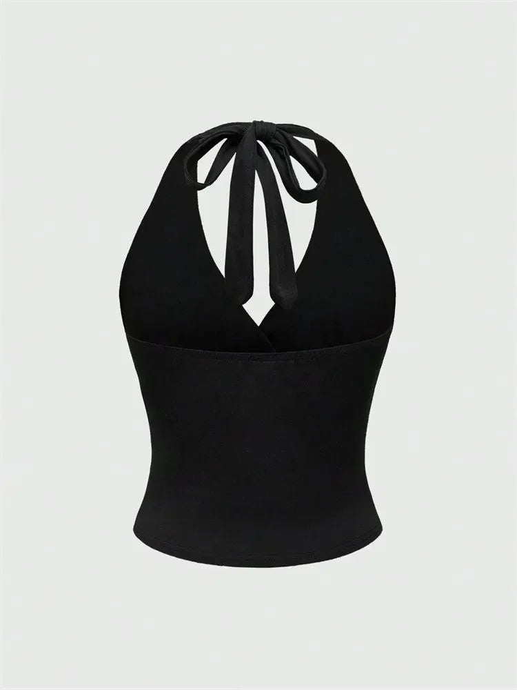 V-neck tie halter top on model - view 5