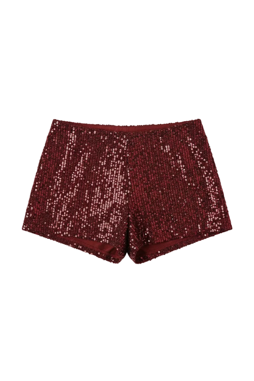 All-over sequin micro shorts on model - styling view
