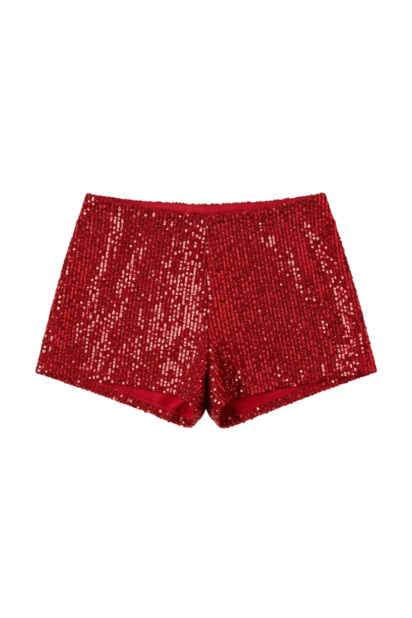 All-over sequin micro shorts on model - detail shot