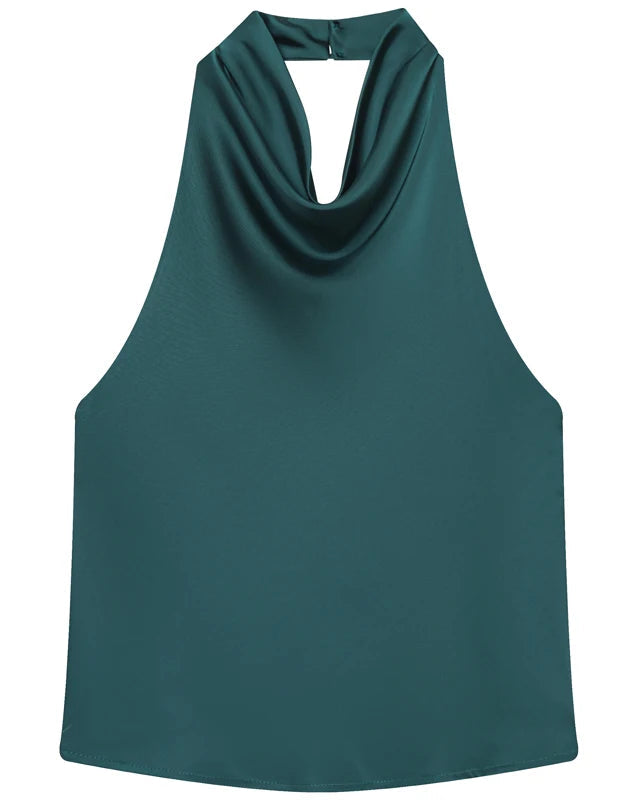 Satin backless halter top on model - view 8
